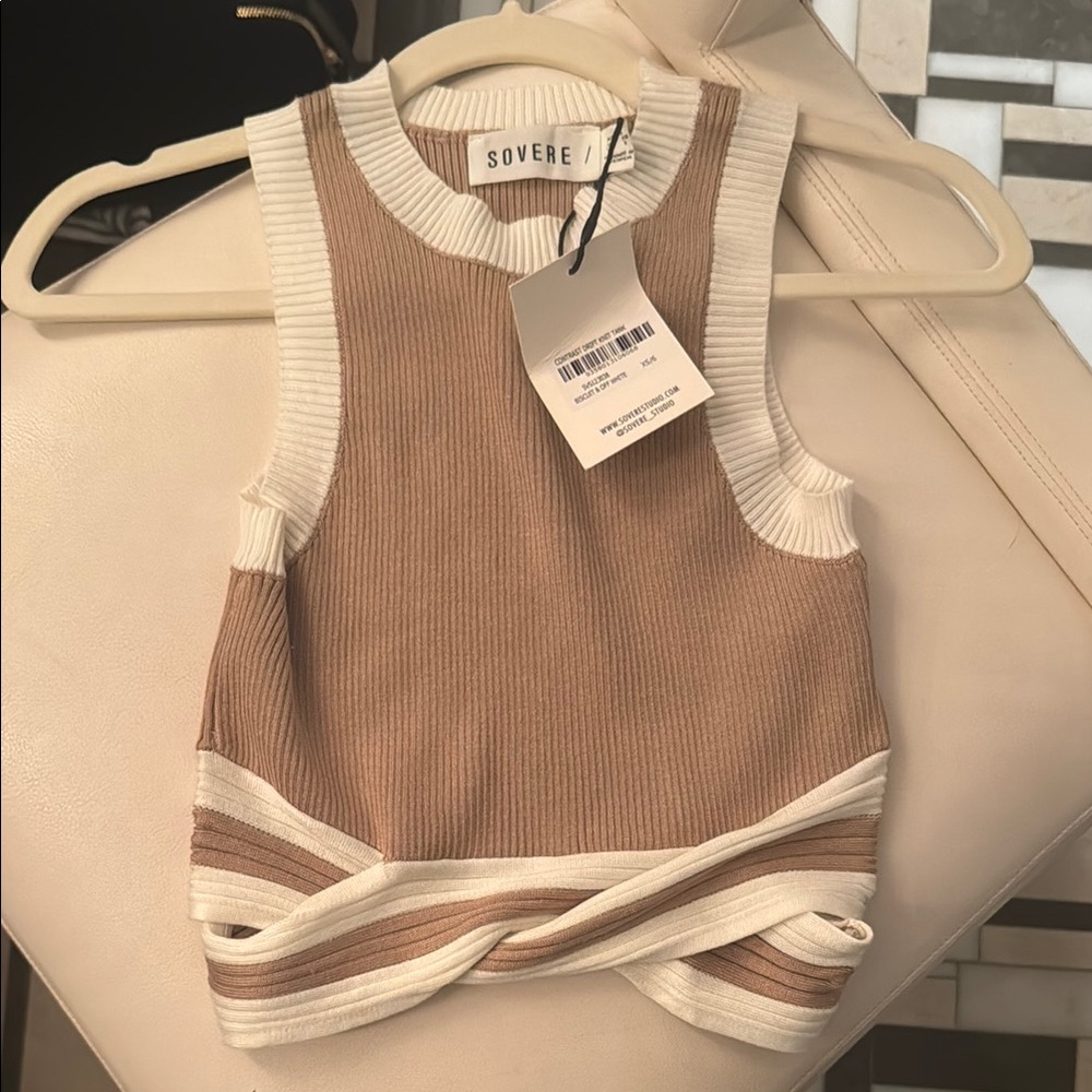 Beige and Cream Ribbed Knit Tank Top